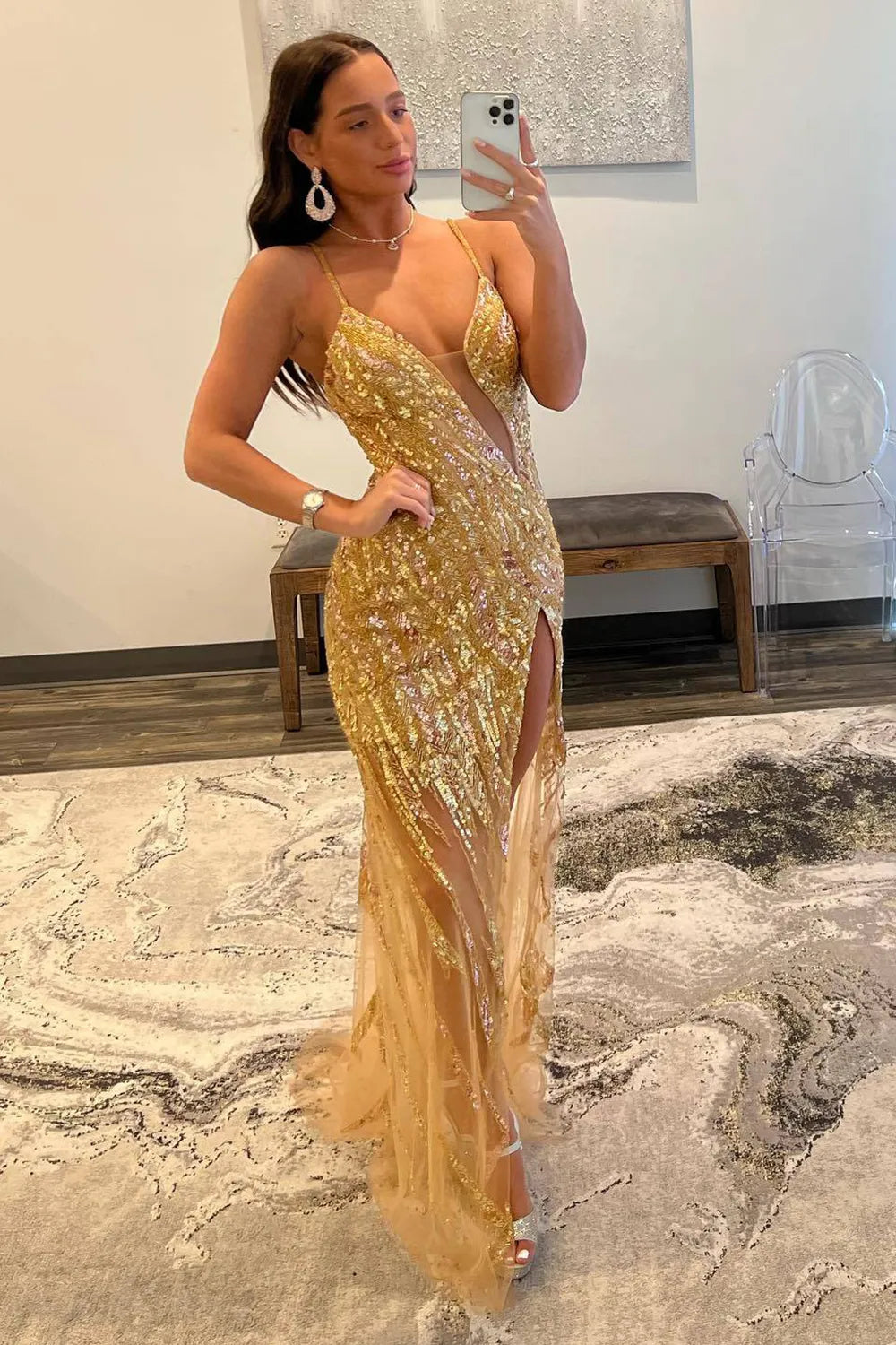 Wholesale Sparkly Sequin Gold Mermaid Spaghetti Straps Long Tulle Prom Dress With Split prom clothing